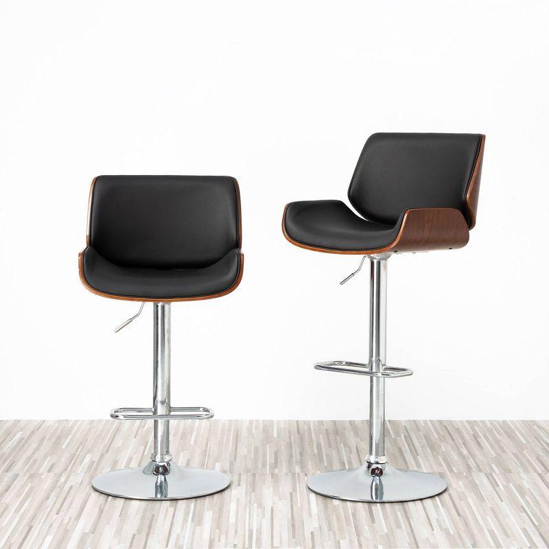 Set of 2 Leatherette Adjustable Height Swivel Bar Stools Chrome Plated Base Black - Glitzhome: Mid-Century, Curved Back, Pneumatic