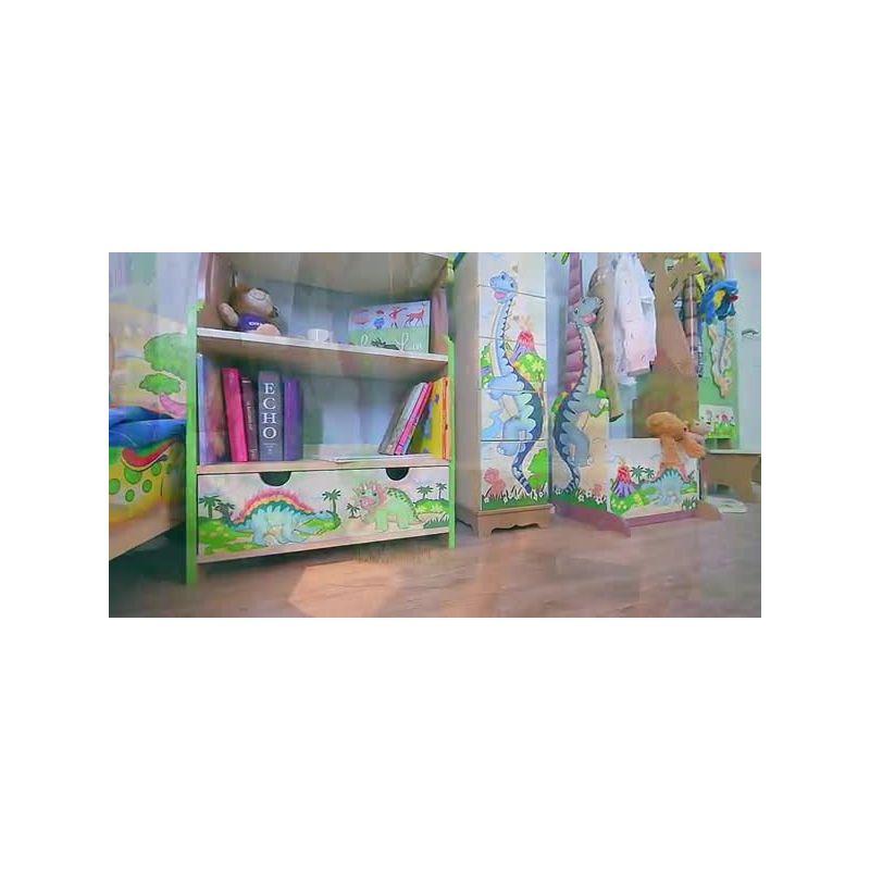 Teamson Kids Dinosaur Kingdom Kids Wooden 3-Tier Bookshelf with Drawer
