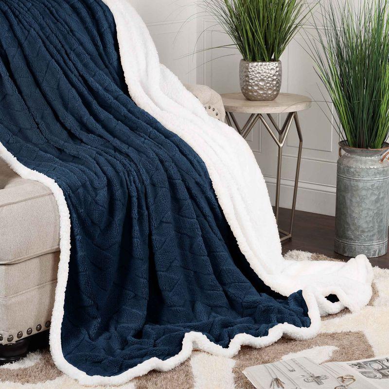 Jacquard Lattice Fleece Plush Reversible Blanket, Throw, Navy Blue - Blue Nile Mills
