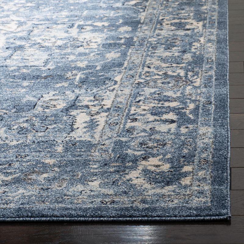 Blue Floral Motif Synthetic Low Pile Area Rug