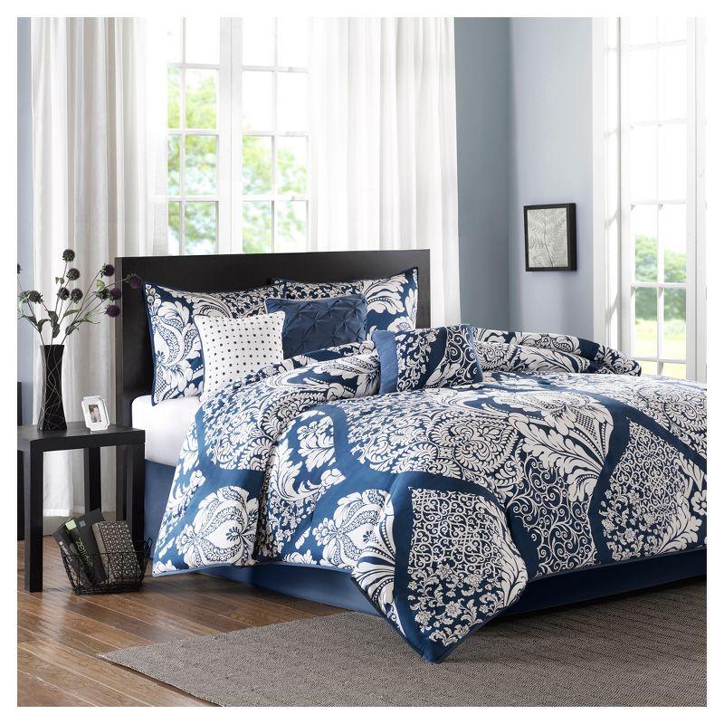 Indigo and White King Cotton Damask Comforter Set