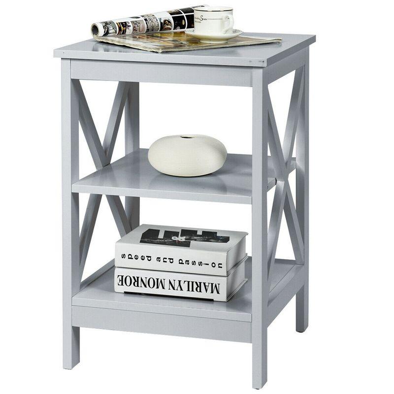 Costway 3-Tier Nightstand End Table X Design Storage Display Shelf Living Room Grey