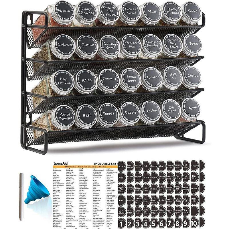 Black 4-Tier Steel Spice Rack with 28 Glass Jars