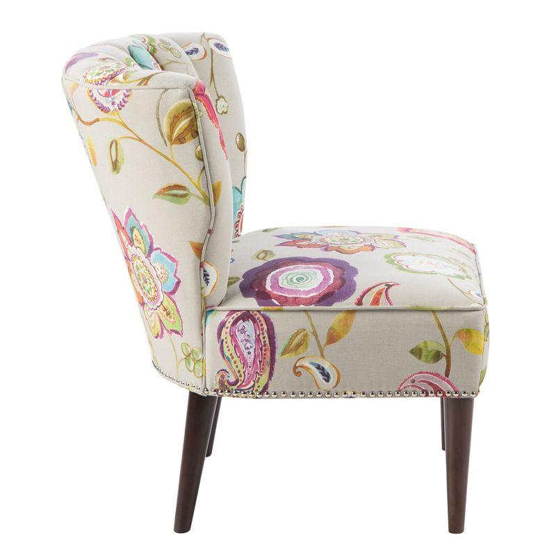 Remy Channel Back Slipper Chair Green/Cream: Madison Park, Wingback Design, Floral Pattern, Wood Legs