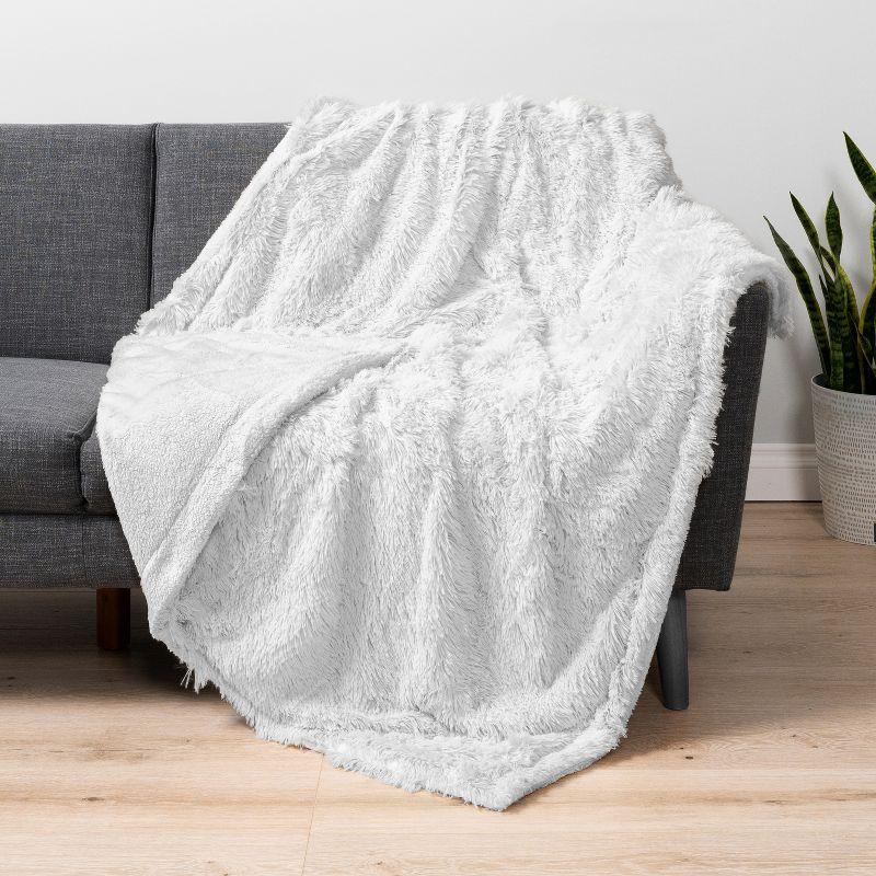 PAVILIA Fluffy Faux Fur Reversible Throw Blanket for Bed, Sofa, and Couch