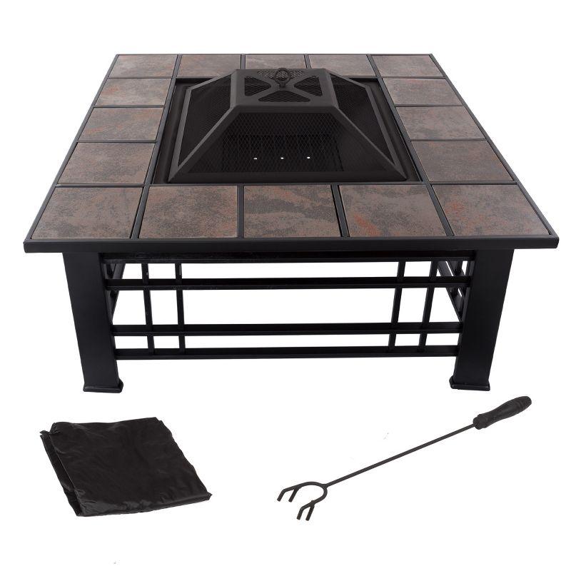 Nature Spring 32" Square Metal Patio Fire Pit Table with Accessories - Marble Tile, Black