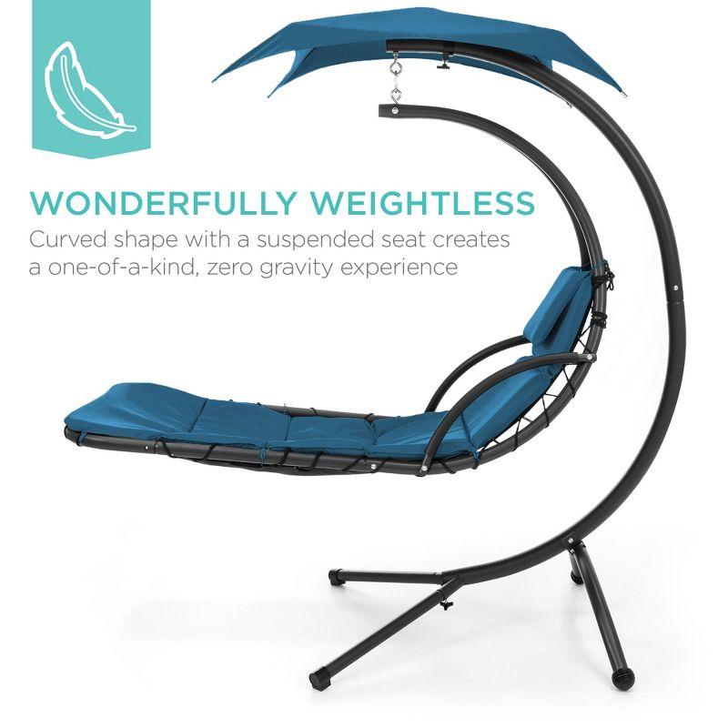 Best Choice Products Hanging Curved Chaise Lounge Chair Swing for Backyard, Patio w/ Pillow, Shade, Stand - Peacock Blue