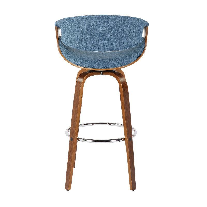 Mid-Century Blue Fabric Swivel Barstool with Walnut Wood Frame