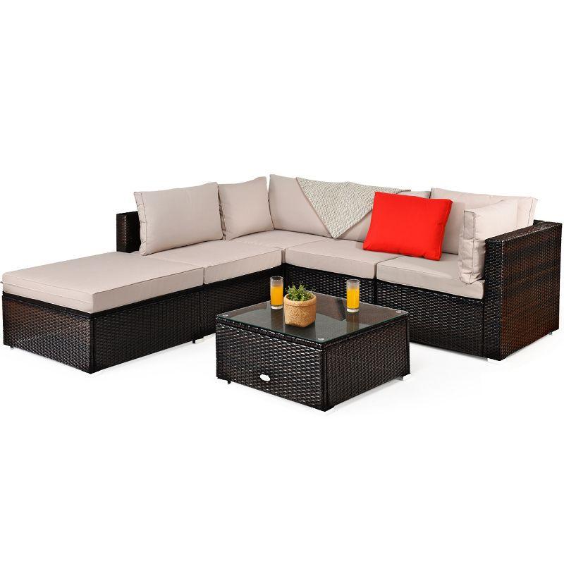 Tangkula 6PCS Patio Rattan Furniture Set Outdoor Sectional Sofa Set w/Coffee Table & Ottoman Brown
