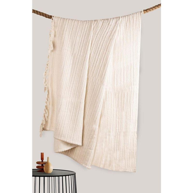 Ivory Handwoven Cotton Blend Throw Blanket with Fringe, 50x60