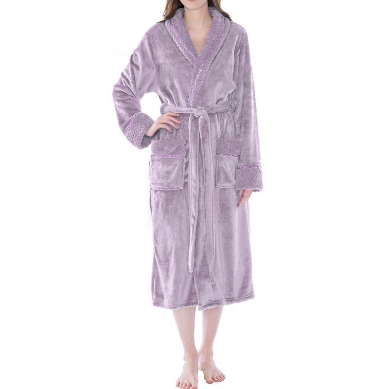 PAVILIA Soft Plush Women Fleece Robe, Cozy Warm Housecoat Bathrobe, Fuzzy Female Long Spa Robes (Lavender, Small-Medium)