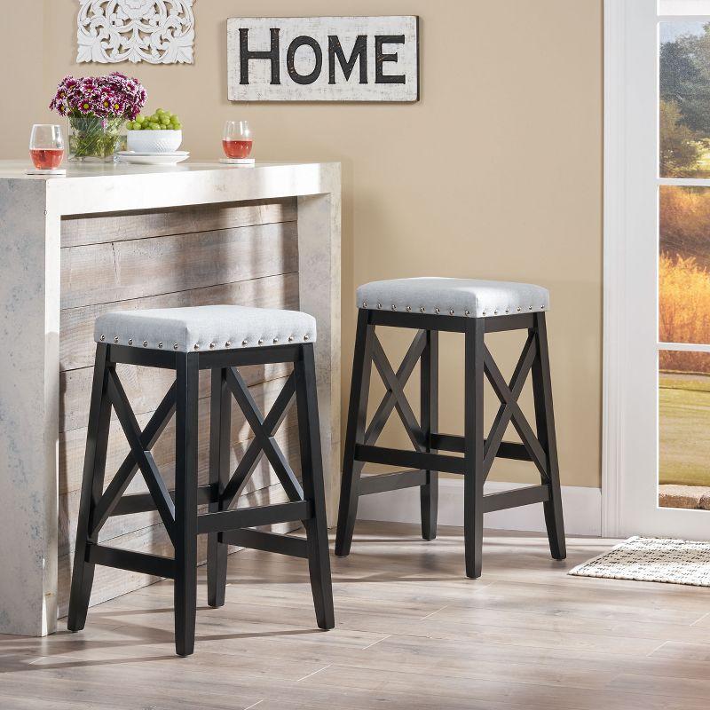 GDFStudio Ropp Farmhouse Fabric Upholstered 29.5 Inch Backless Barstools with Nailhead Trim (Set of 2), Light Gray