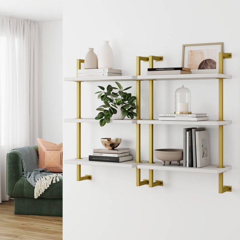 Theo 29.5" White and Gold Floating Wall Mount 3-Shelf Bookcase