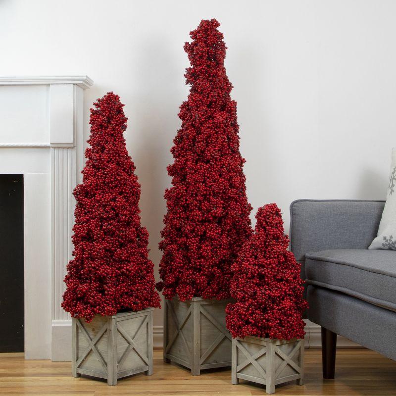 24" Red Berry Cone Potted Christmas Topiary with Wooden Base