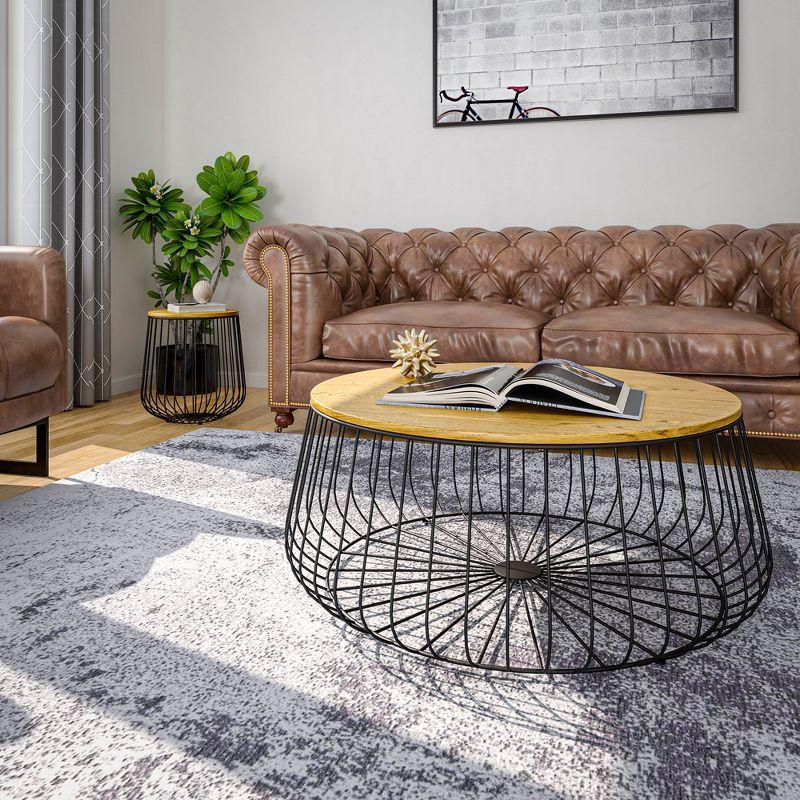 Natural Wood Round Coffee Table with Black Metal Wire Base