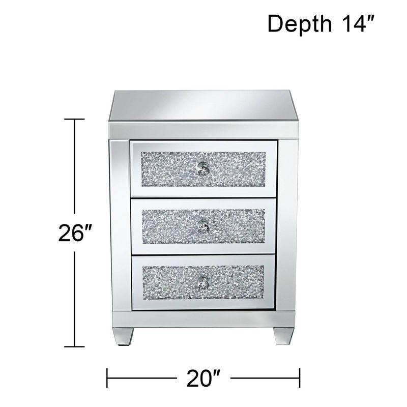 Studio 55D Gia Modern Mirrored Rectangular Accent Side End Table 20" x 14" with 3-Drawer Silver Glass Crystal for Living Room Bedroom Bedside Entryway