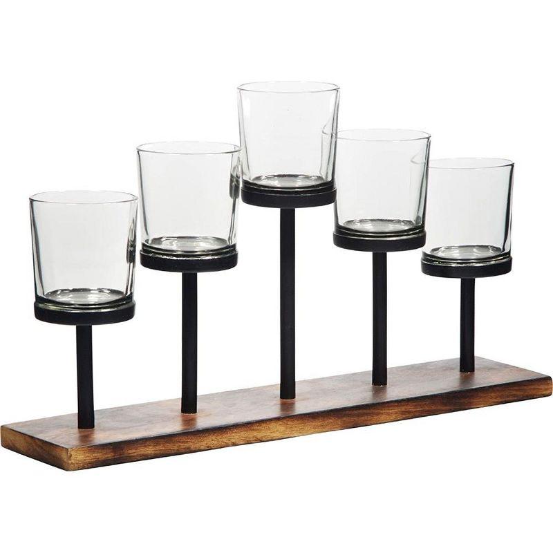 Le'raze Elegant Decorative Votive Candle Holder Centerpiece, 5 Glass Cups on Wood Base-Tray