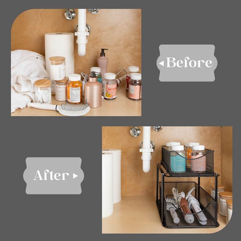 Sorbus 2 Pack 2 Tier Baskets with Mesh Sliding Drawers - Ideal Cabinet, Under the Sink, etc - Great for Bathroom, Kitchen, Office, etc. (Black)