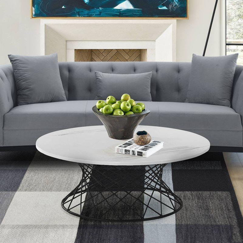 Loxley 36" Round White Marble Coffee Table with Black Metal Base