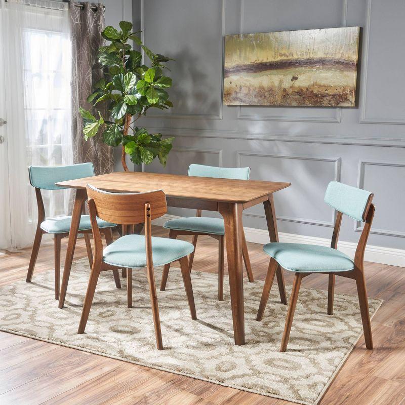 Christopher Knight Home 5pc Megann Mid Century Wood Dining Set Walnut/Mint: Polyester Upholstered Chairs, Rectangular Table