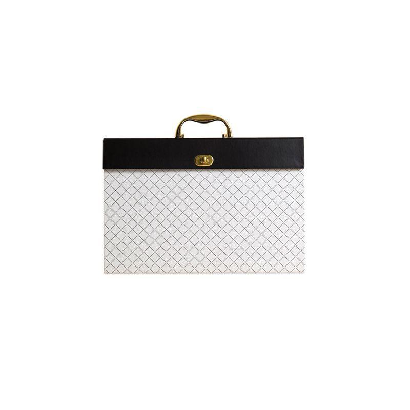 White and Black Diamond Pattern Expanding File Box with Gold Accents