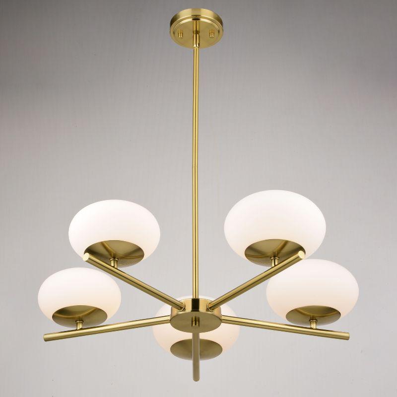 VAXCEL Sloane 5 Light LED Gold Satin Brass Mid-Century Modern Chandelier with White Glass Globes
