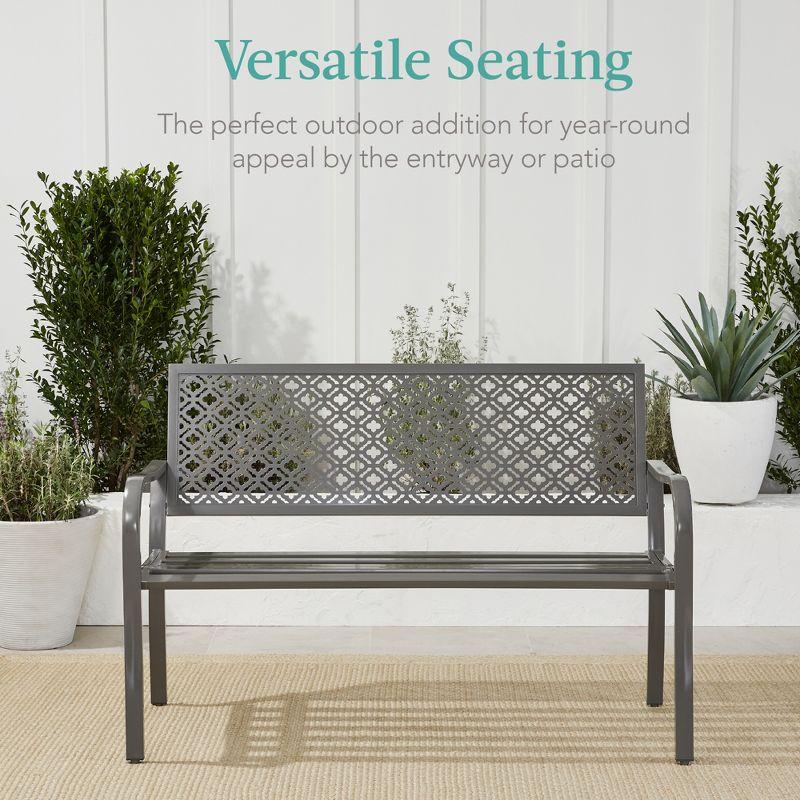 Best Choice Products Indoor Outdoor Steel Garden Bench w/ Geometric Backrest, Foot Levelers - Gray