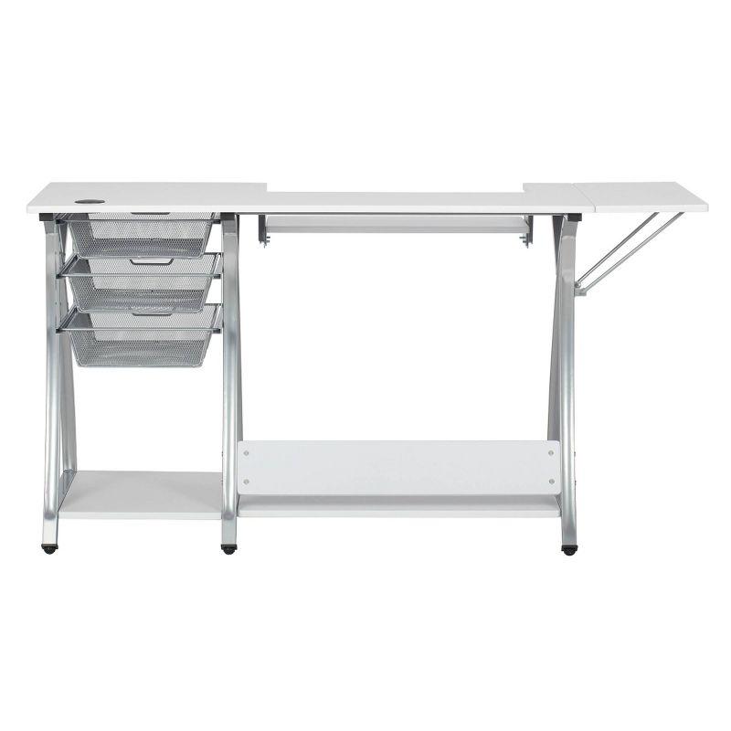 Silver and White Foldable Sewing Table with Mesh Drawers