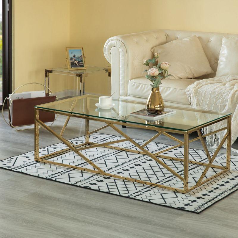 Fabulaxe Decorative Rectangular Glass Top Metal Modern Coffee Table