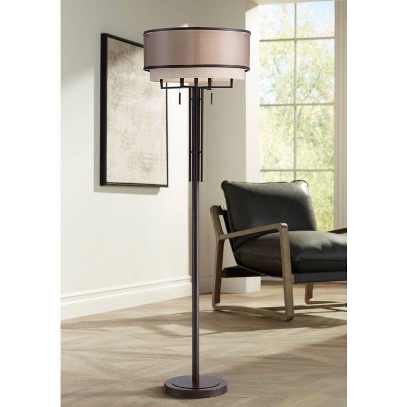 Franklin Iron Works Alamo Industrial Rustic Floor Lamp 62" Tall Bronze Metal Sheer Organza Outer Linen Fabric Inner Double Drum Shade for Living Room