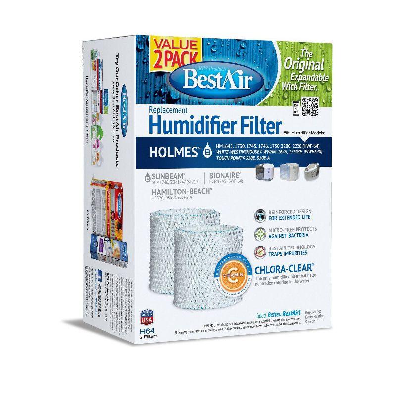 BestAir 2pk H64 Humidifier Replacement Filter for Holmes Humidifiers: Wick Filter, Captures Minerals & Bacteria, 10.1" Height
