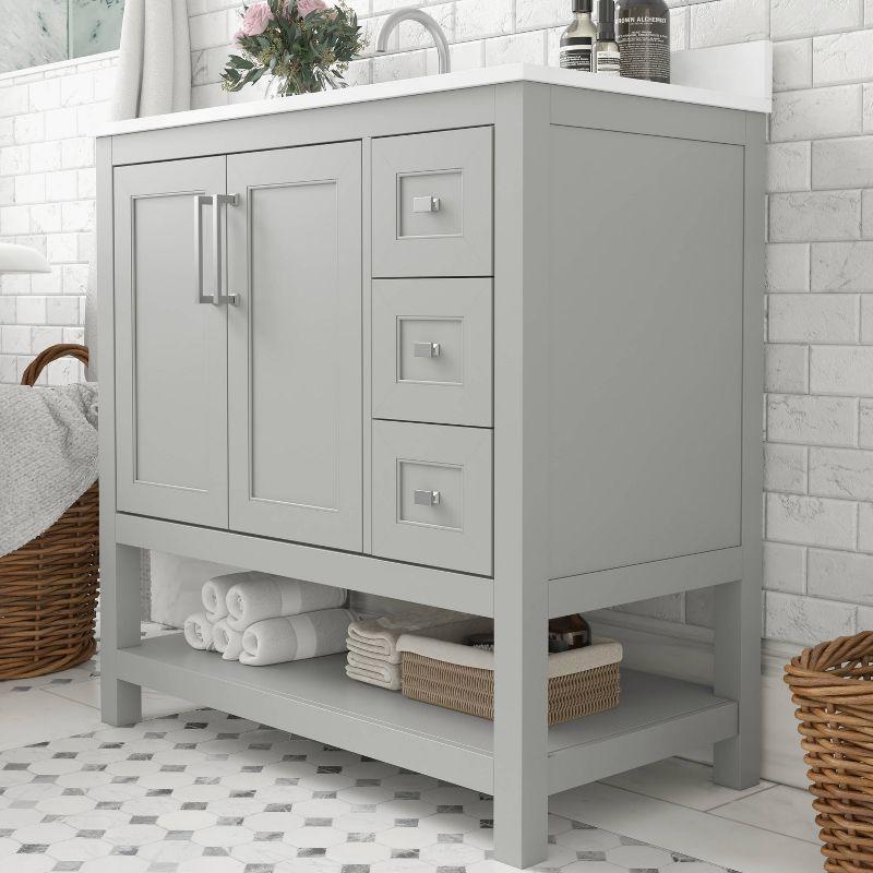 Taylor & Logan 36" Vivien Bathroom Vanity with Open Shelf and 3 Drawers Gray: Stoneware Top, Wood Frame, Single Basin