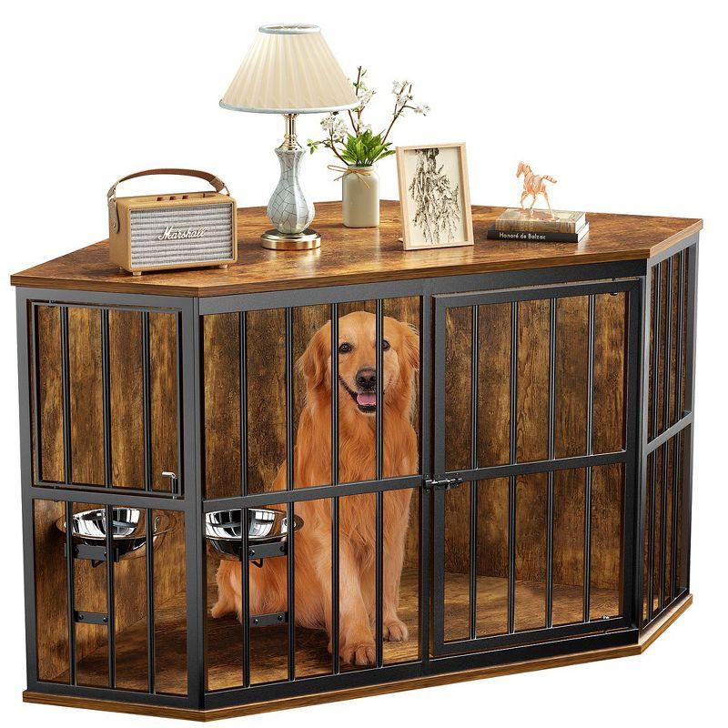 LOVMOR Furniture Dog Crate Corner, Dog Kennel Corner Wooden End Table with Bowl, Indoor Pet Crates Corner Side Table for Dogs