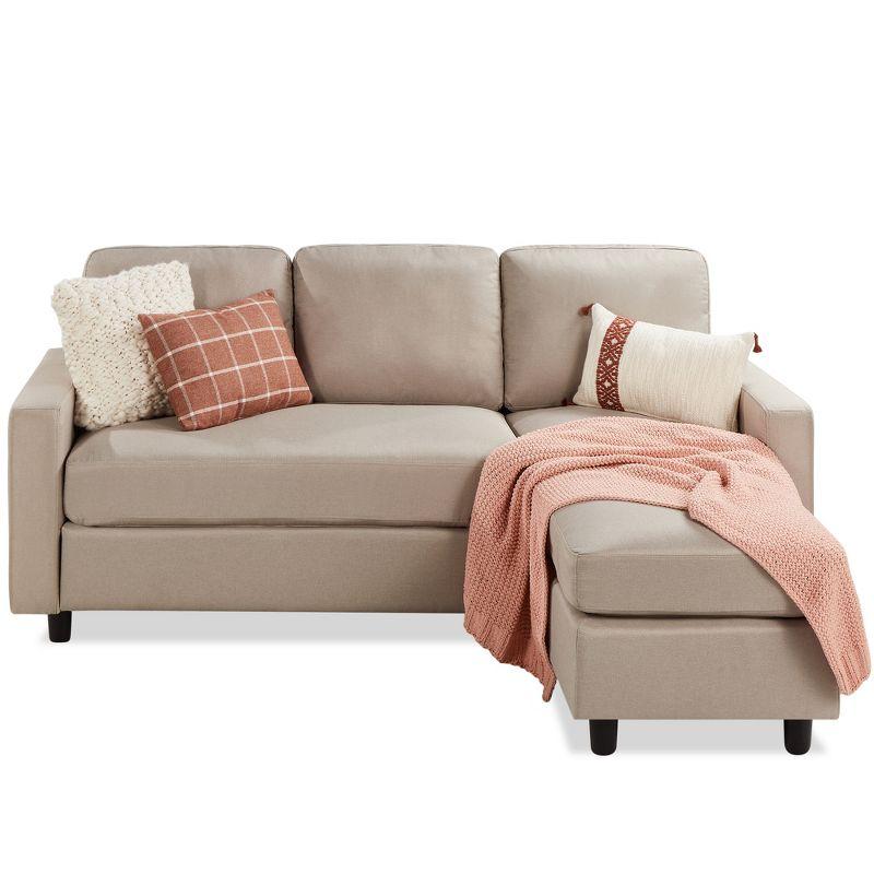 Beige Linen Sectional Sofa with Reversible Ottoman and Pillow Back