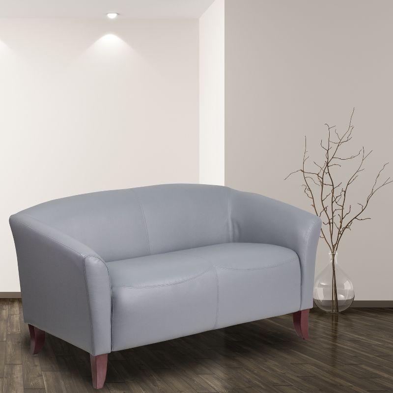 Modern Gray Faux Leather Loveseat with Cherry Wood Feet