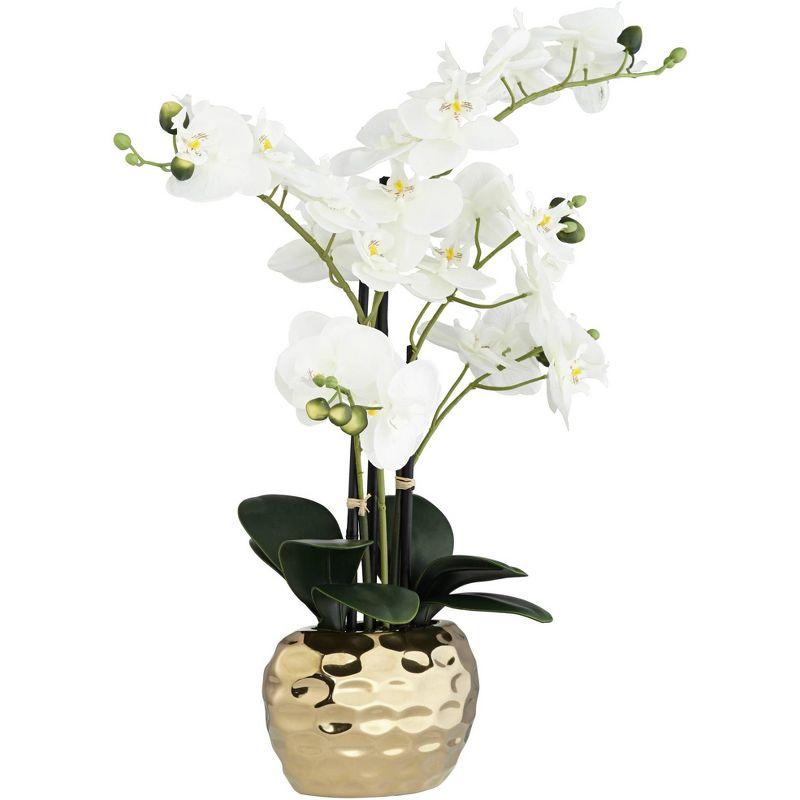 Dahlia Studios Potted Faux Artificial Flowers Realistic White Phalaenopsis Orchid in Gold Ceramic Pot Home Decoration 23" High