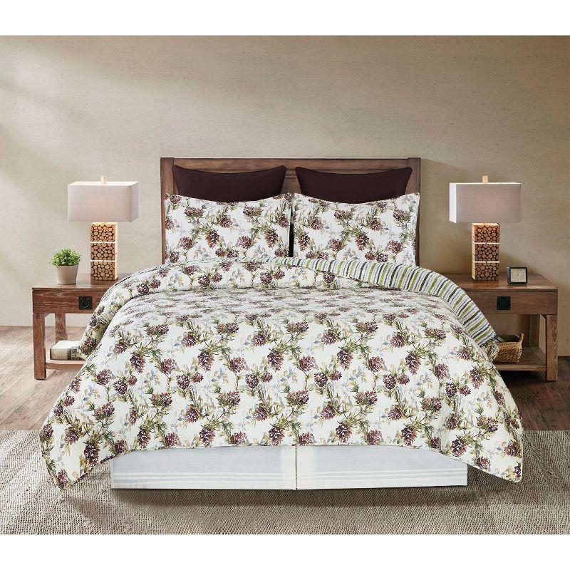 Twin-Sized Blue and Beige Reversible Cotton Quilt Set with Pine Motif
