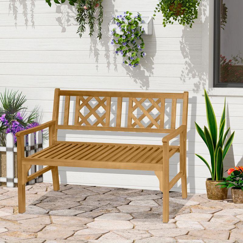 Outsunny Wooden Outdoor Garden Bench for 2, Portable Folding Bench 2 Seater with Backrest and Armrests, Natural