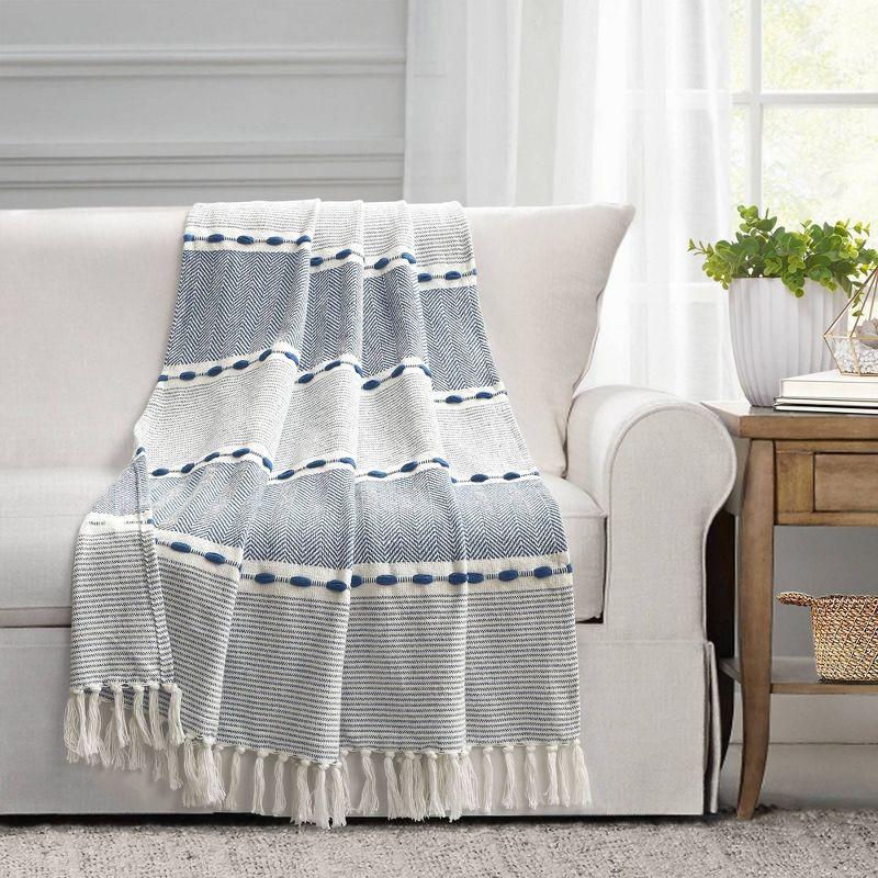 Navy and White Herringbone Stripe Cotton Throw with Tassels