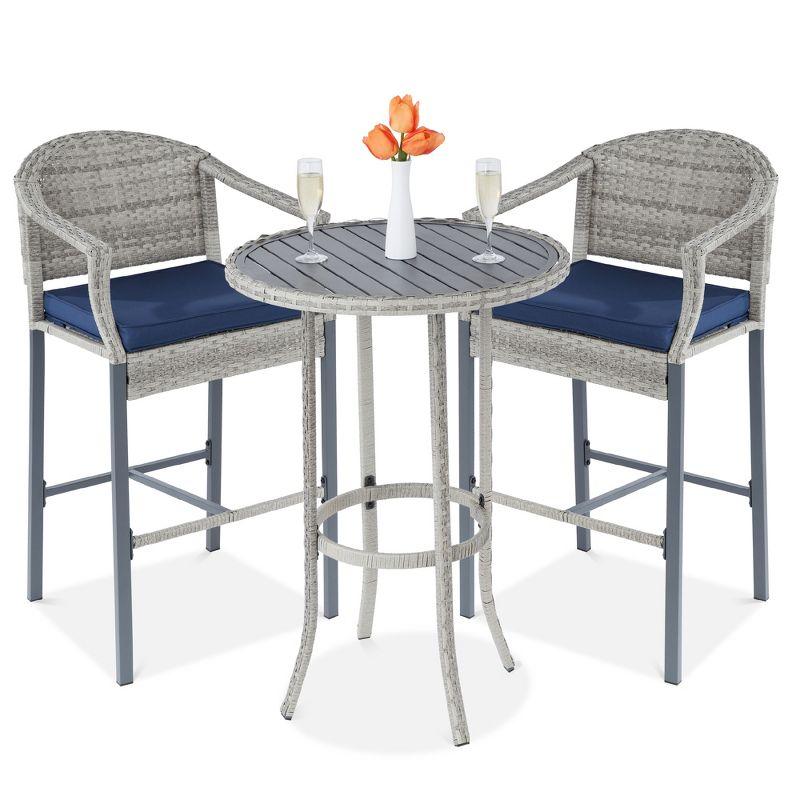 Gray and Blue Wicker Outdoor Bistro Set with Barstools