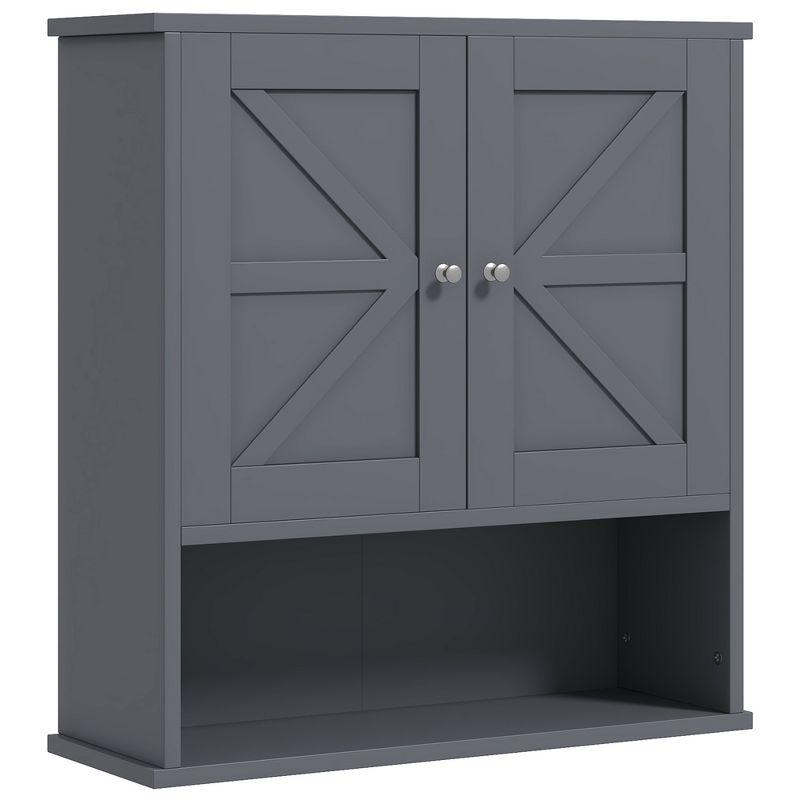 kleankin Bathroom Wall Cabinet, Farmhouse Medicine Cabinet with Open Shelf & Adjustable Shelf, Storage Cupboard for Laundry Room, Gray