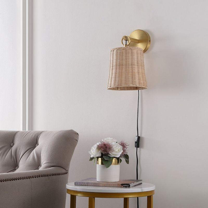 Elegant Brass and Rattan 10" Plug-In Wall Sconce Set