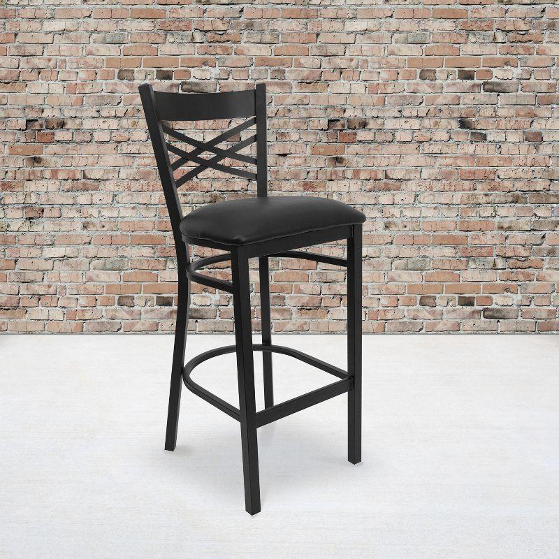 Elegant Black Metal Barstool with X-Back & Black Vinyl Seat