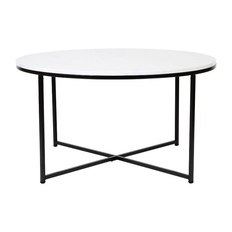 Marble Elegance 35.5" White and Matte Black Round Coffee Table