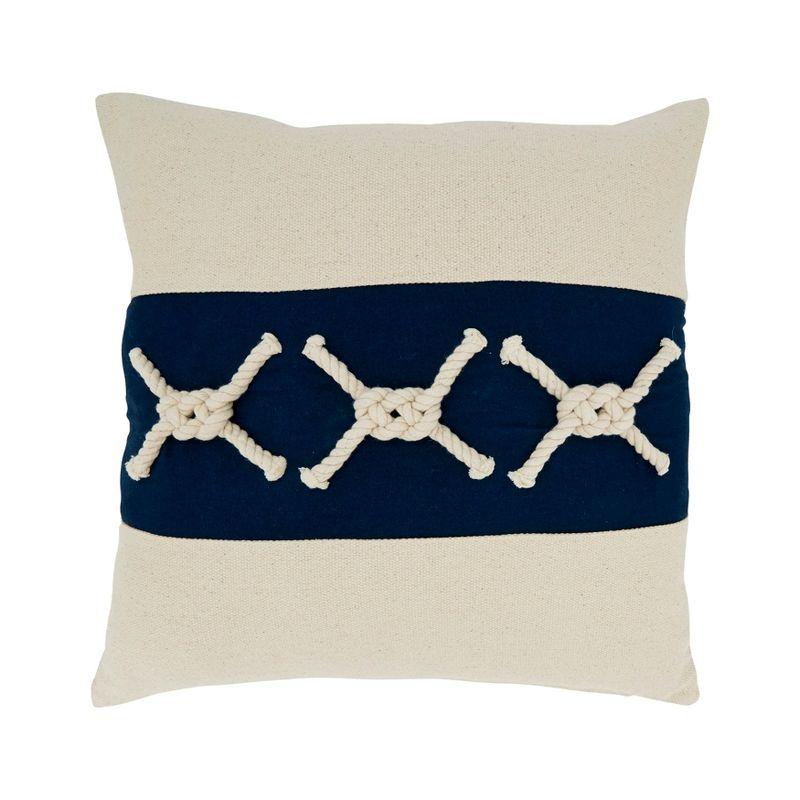 Nautical Rope Knots Blue and Beige Cotton Throw Pillow Cover 18"