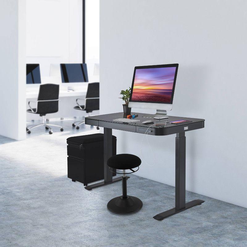 Black Adjustable Height Glass Standing Desk with USB Port and Drawer