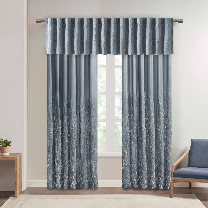 Blue Faux Silk Embroidered Puddle Length Curtain Panel