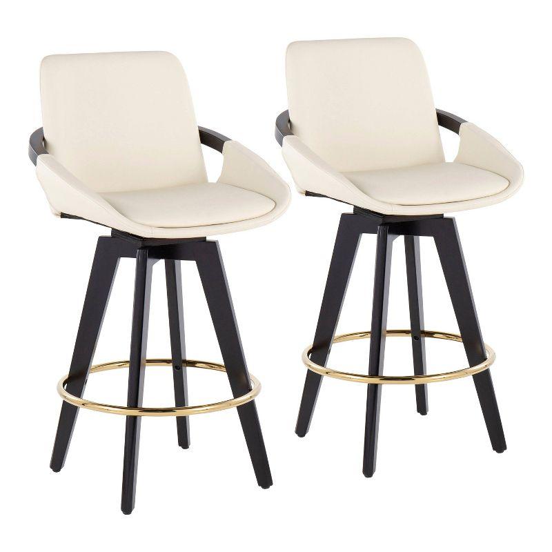 Set of 2 Cosmo PU Leather/Metal/Wood Counter Height Barstools Black/Gold/Cream - LumiSource: Swivel, Upholstered, Spot Clean