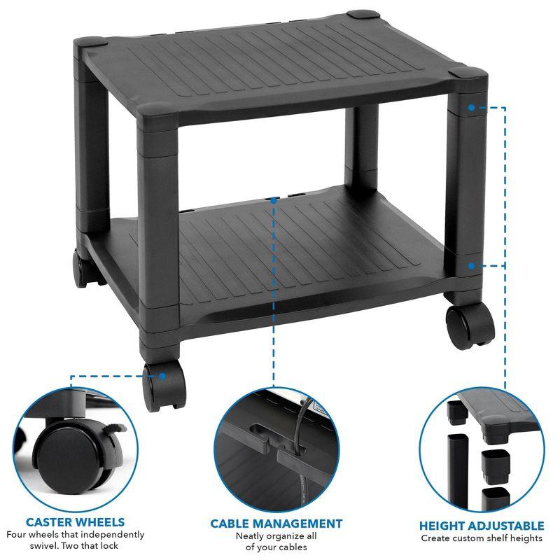 Mount-It! Under Desk Printer Stand With Wheels | Height Adjustable with 4 Swivel Wheels, Cable Management, Low Rolling, Mobile Printer Cart | 2 Tier