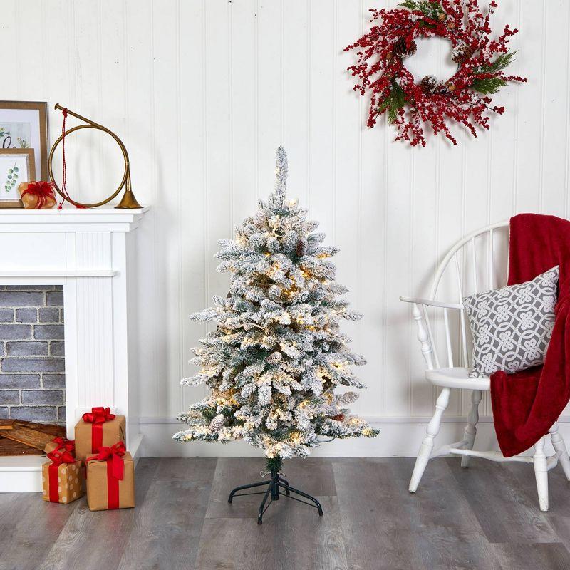 4ft Nearly Natural Pre-Lit LED Flocked Livingston Fir Artificial Christmas Tree Clear Lights: With Pine Cones, Easy Setup